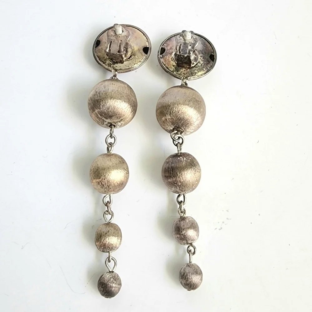 Vintage Clip-On Earrings RAGA Drop Textured Silver‎ Ball Sphere Beaded 60s 70s